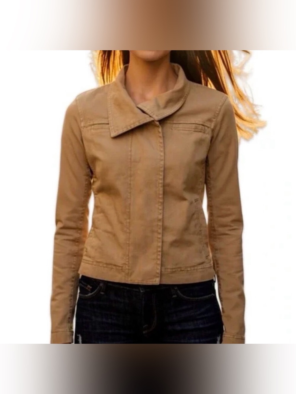 James Perse tan cotton moto zip jacket w ribbed stretch side panels size 4 or M